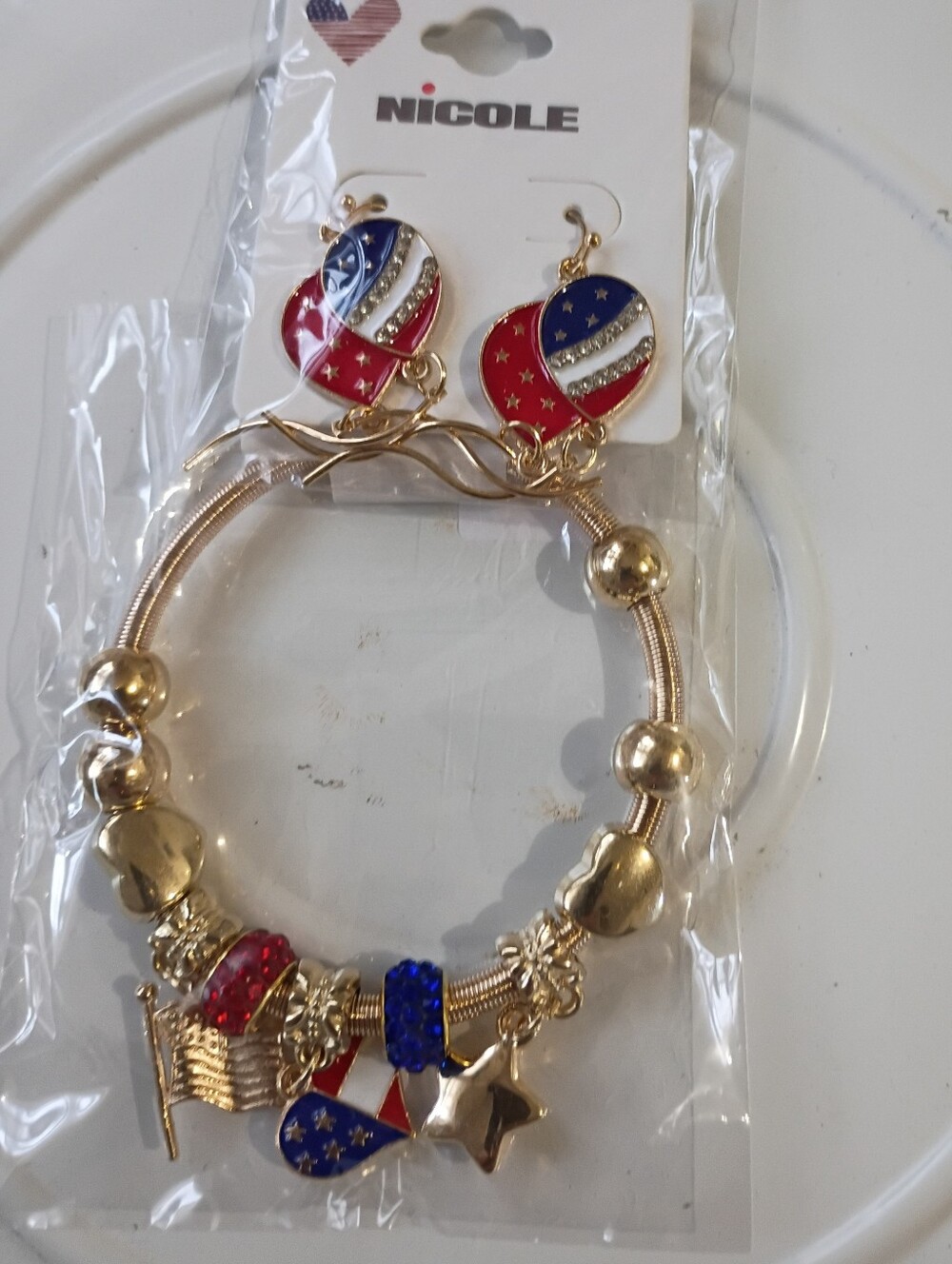 Nicole Gold-Tone Charm Bracelet and Matching Earrings — Red, Blue, White Accents